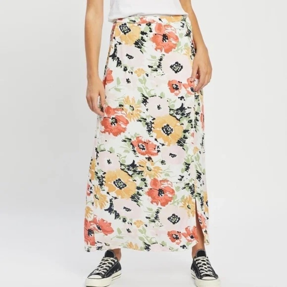 Volcom White Floral Maxi Skirt with Coral & Yellow Blooms